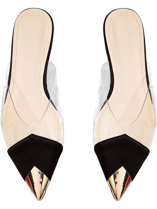 Shoes - Women's Black Metallic Transparent PVC Pointed Toe Flat Shoes Slip On Flat Mules